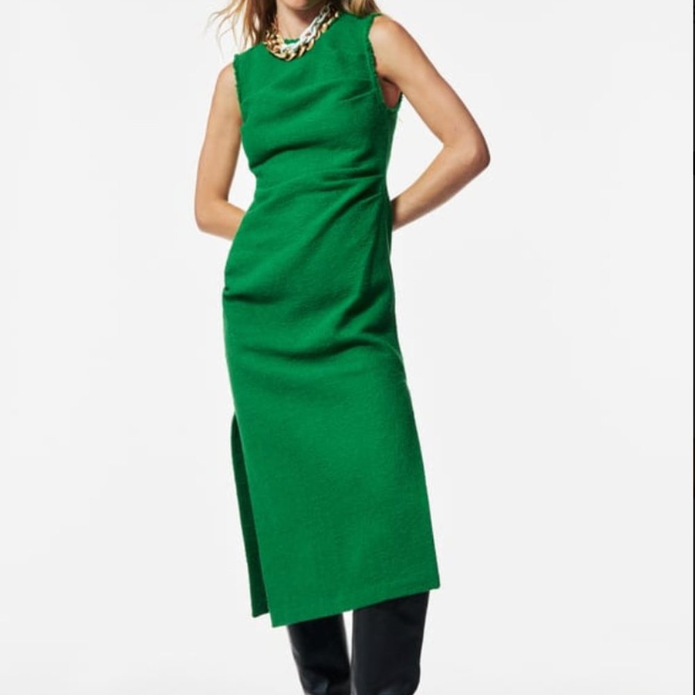 ZARA LONG TEXTURED WEAVE DRESS IN GREEN